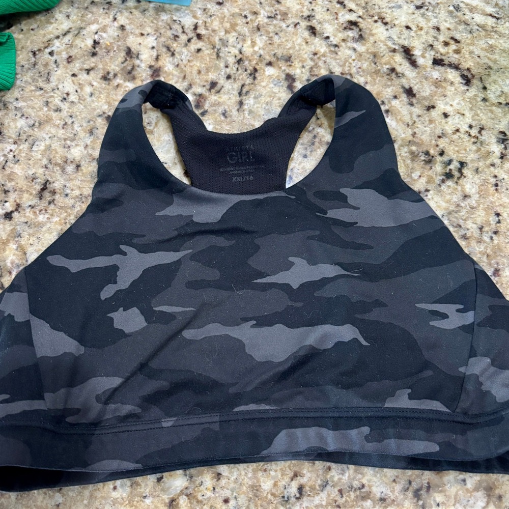 Athleta Girl Camo High Neck Racerback Sports Bra Grey Black XXL 16